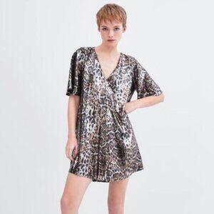 ZARA | Animal Print Sequins V-Neck Mini Dress Sz XS
